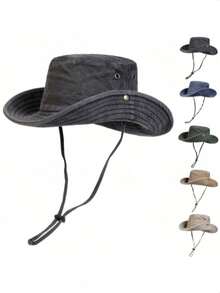 1pc Men's Solid Color Bucket Hat, Outdoor Fishing Hiking Sun Hat, Wide Brim Casual Sun Protection Hat, Suitable For Spring/Summer Travel, Beach, UV Protection - Multicolor - View 4