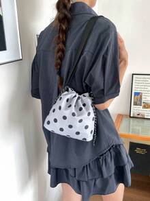 1Pc Nylon Solid Color Drawstring Bucket Bag With Polka Dot Pattern, Fashion Crossbody Shoulder Bag For Women - Grey - View 2