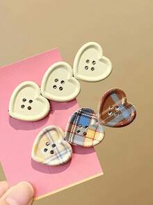 2PCS Vintage Plaid Heart Button Hair Clips For Women, 3 Heart Button Side Clips, Plaid Print Bangs Clips, Contrast Color Button Hair Clips, Versatile Hair Clips - White - View 6