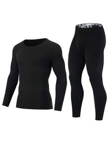 2pcs Men's Thermal Underwear Set, Autumn/Winter Long Sleeve Top + Pants, Adult Innerwear Set - Black - View 5