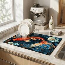 1pc Dish Drying Mat, Coffee Machine Mat, Koi Fish & Floral Pattern Dish Drying Mat, Absorbent & Breathable Quick Drying Tabletop Protector, Kitchen Dining Table Non-Slip Mat, Thanksgiving Holiday Gift Multi-Purpose Tabletop Absorbent Drying Mat, Room Tabletop Protector, Holiday Gift, Kitchen Decor - XYLSD808 - View 2