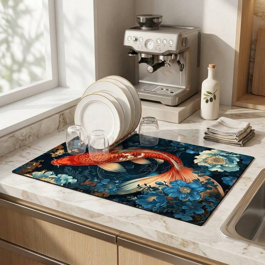 1pc Dish Drying Mat, Coffee Machine Mat, Koi Fish & Floral Pattern Dish Drying Mat, Absorbent & Breathable Quick Drying Tabletop Protector, Kitchen Dining Table Non-Slip Mat, Thanksgiving Holiday Gift Multi-Purpose Tabletop Absorbent Drying Mat, Room Tabletop Protector, Holiday Gift, Kitchen Decor