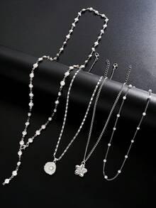 4pcs/Set Fashion Elegant Women's Floral Faux Pearl Shell Pendant Thin Chain Necklace Set, Layerable, Suitable For Daily Wear, Birthday, Party, Vacation, All Year Round, Holiday Gift, Perfect Gift Choice - Silver - View 5
