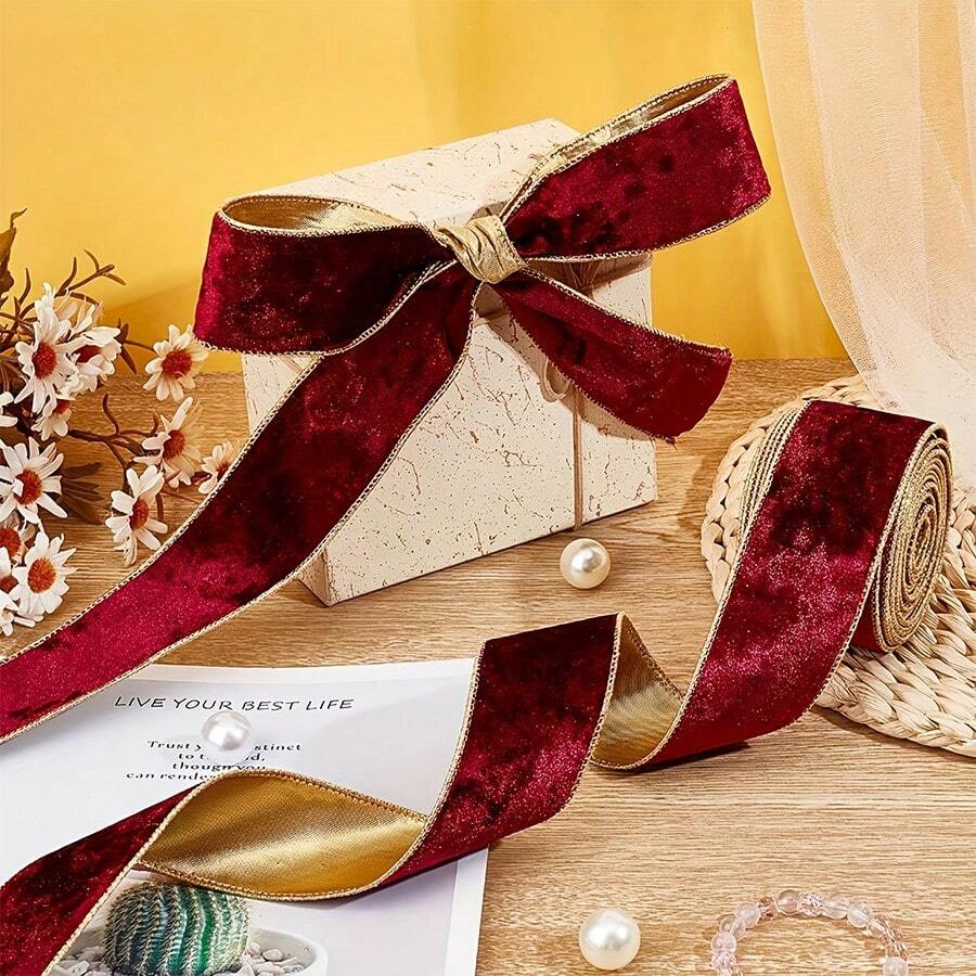 10 Yards Multi-Size Burgundy Y-Shaped Christmas Tree Velvet Ribbon, Red Gold Metallic Edge Satin DIY, Suitable For Holiday Decor, New Year, Valentine's Day, Christmas Tree Decoration, Gift Bow Packaging Crafts - Multicolor - View 1