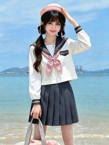 1件裝可愛校園JK制服套裝，附領結，白色與灰色長袖上衣搭配灰色百褶裙，粉色秋季款 - 粉色 - 查看 3