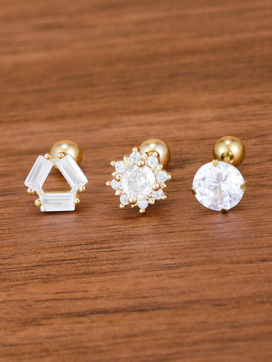 3件組 18K鍍金不鏽鋼極簡水晶花朵耳洞耳環套組 螺旋耳釘 悲鳴耳釘 耳軟骨耳釘 耳飾禮物 - 3-金色-3PCS - 查看 1