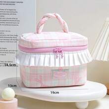 Girly Sweet Frill Trim Plaid Makeup Box Fresh INS Style Skincare & Cosmetics Storage Bag Large Capacity Toiletry Bag With Handle - Multicolor - View 9