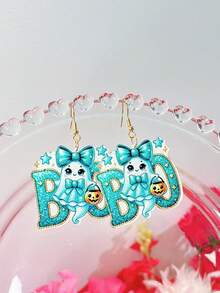 1 Pair Halloween Acrylic Sweet & Cool Ghost BOO Cartoon Earrings, Rose Red & Green, Fun Holiday Gift For Girls - Multicolor - View 6
