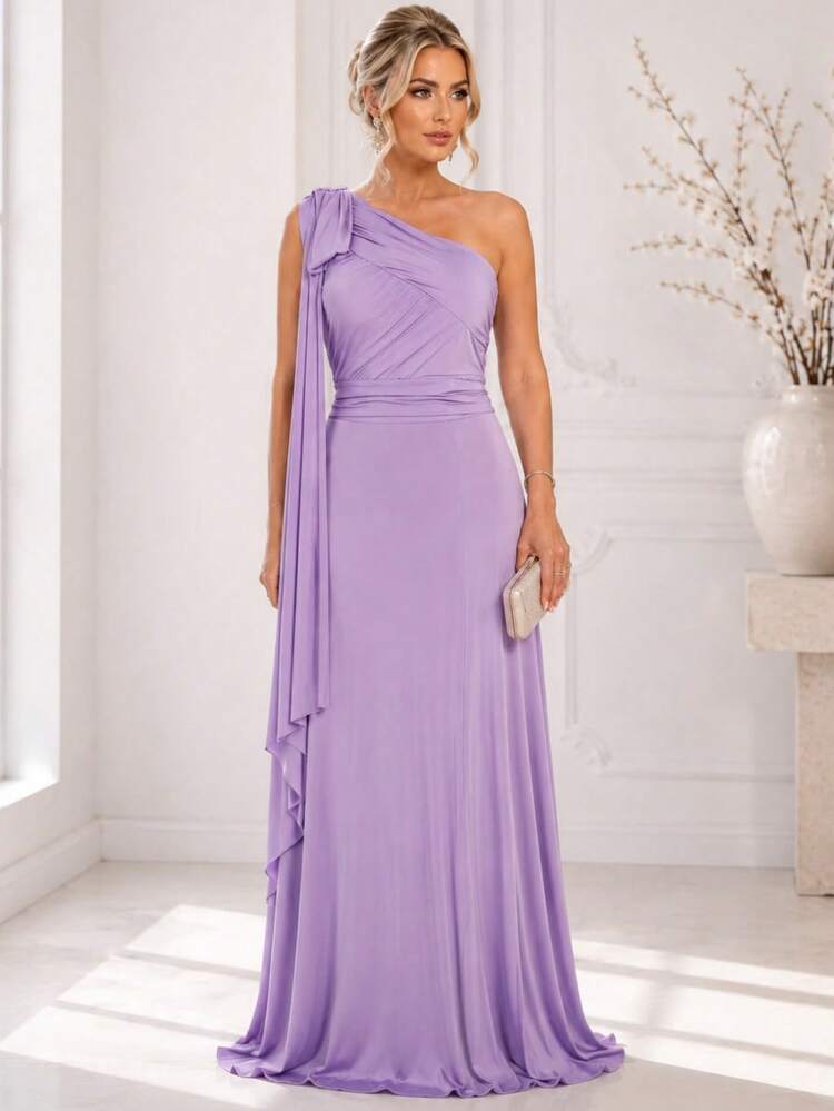 Bridesmaid Dress For Party Guests Reception Graduation Without Shine Cape Sleeve In Fluity - Lilac Purple - View 1