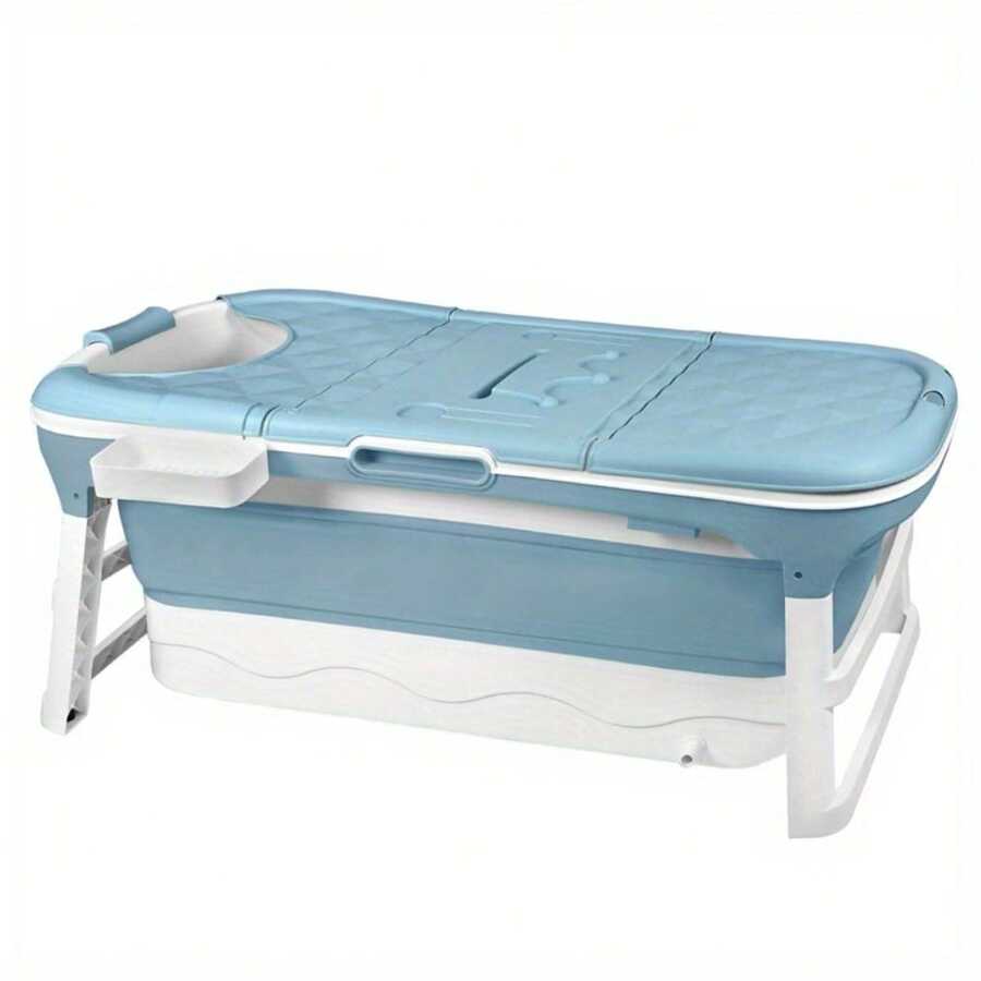 Foldable Adult Bathtub With Built-In Massage Roller, Detachable Cover & Stable Bath Stand – Compact Blue-And-White Design (148 * 62 * 53 Cm), Lightweight And Easy To Assemble, Store Or Move; Smooth Surface, Rounded Edges, Drain Plug Included; Ideal F - 148 X 62 X 52cm - View 1