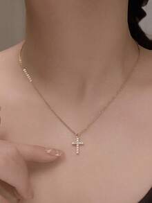 1Pc Stainless Steel Cross Necklace With Zirconia Accents Ideal For Women's Everyday Wear Gift Silver And Gold Tone Perfect Casual Daily - Yellow Gold - View 4