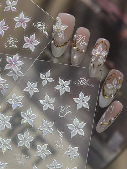 1 tờ decal móng tay hoa trắng óng ánh vỏ trai sang trọng, sticker móng mỏng dập nổi in chữ viết tay thanh mảnh, phụ kiện trang trí manicure cô dâu thanh lịch