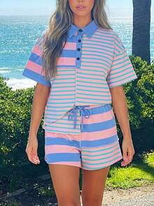 Boho Retro 90's Cotton Stripe Button Drop Shoulder Dolman Henley Top & Pants Shorts Set - 彩色 - 查看 2