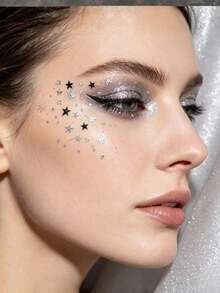 1pc Black & Silver Contrast Hollow Star & Music Note Face Decoration Sticker, Self-Adhesive, Music Festival Clear Rhinestone Smoky Eye & Cheek Cool Atmosphere Makeup Sticker, Cold Nude Makeup, Black Smoky Highlight Niche Creative Makeup Patch - Multicolor - View 2