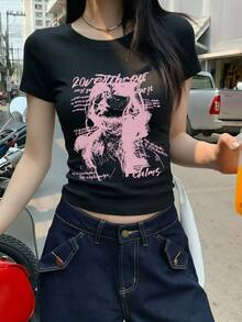 女款圓領短袖T恤，夏季新款人像圖案與字母印花，時尚百搭修身短版上衣，休閒黑色 - 黑色 - 查看 9