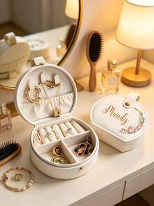 Custom Floral Semi-Circular Leather Jewelry Box, Personalized Name Portable Travel Earring Necklace Storage Box, Unique Bridesmaid Gift, Women's Birthday Gift, Bachelorette Party Keepsake - Multicolor - View 3