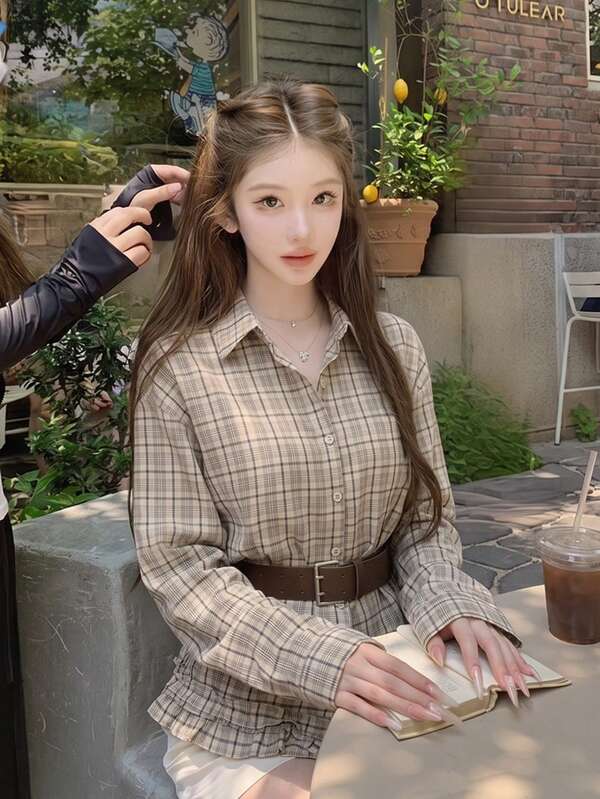 Korean Design High-End Button Frill Trim Plaid Long Sleeve Shirt For Women, Versatile Autumn Undershirt Spring