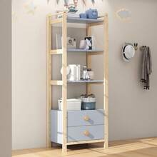 Scaffale con 2 cassetti, libreria a 4 ripiani, struttura in pino, maniglie in legno massello, per soggiorno, camera da letto, sala lettura, blu+legno naturale, 70*44*180cm - 1 - Visualizzare 1