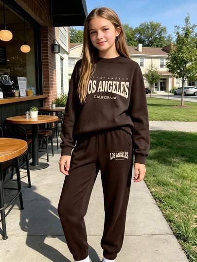 2pcs Girls Set Crewneck Sweatshirt With Simple Letter Printing And A Pair Of Minimalist Casual Sweatpants,Suitable For Autumn&Winter Wear Daily/Outings