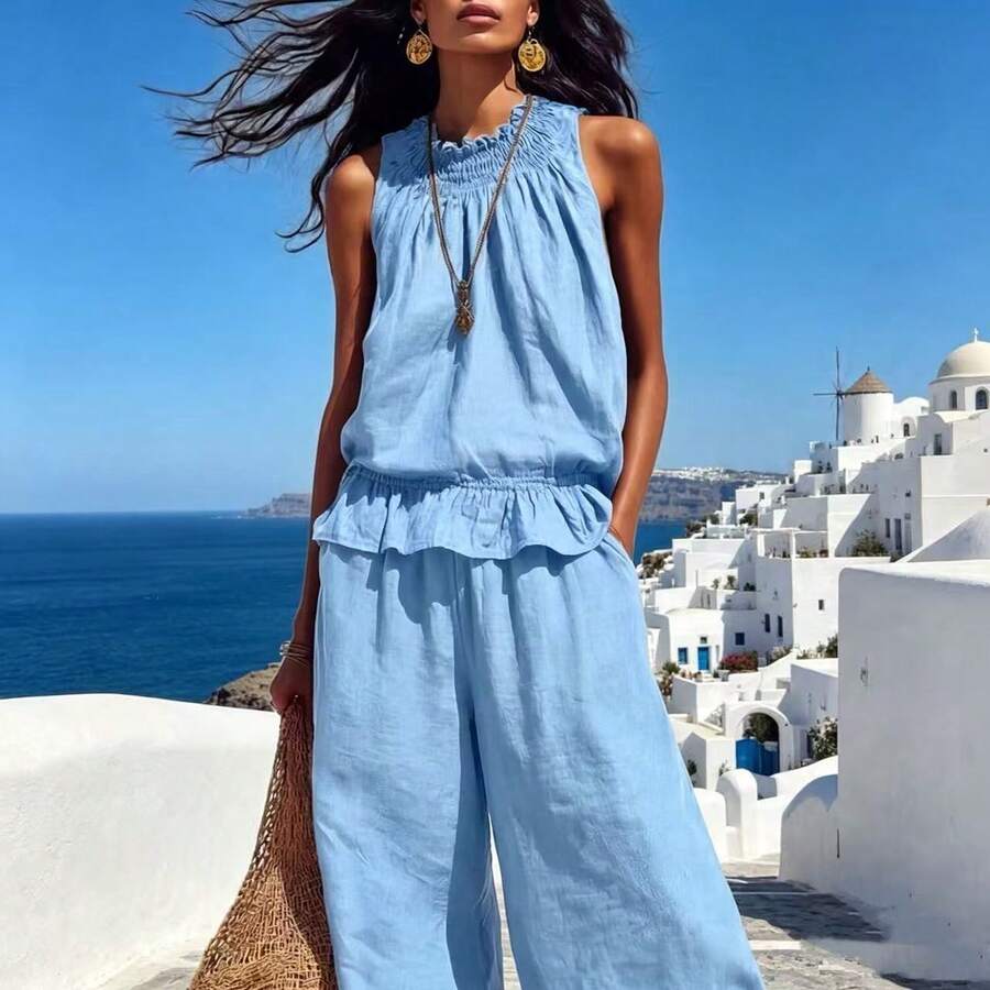 New Summer Casual Linen Two-Piece Women's Sleeveless Ruffled Wide-Legged Pants Suit - 天藍色 - 查看 1