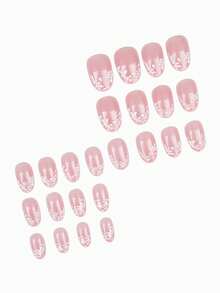 24Pcs Short Oval Press On Nails Set, 3D Embossed White French Flower Pattern Fake Nails, Fresh Minimalist Pastoral Style Nails With Pearlescent Effect, Add Elegance And Softness To Your Look, Perfect For Summer Daily Wear - 白色 - 查看 4