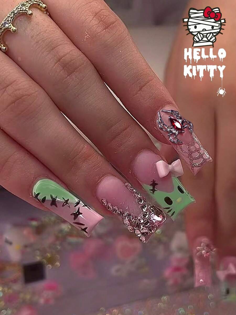 萬聖節 Sanrio Hello Kitty 24片哥德風中方型 3D 亮片蜘蛛網法式穿戴甲,含 Hello Kitty、幽靈、蜘蛛、蝴蝶結、水鑽與愛心設計,適合女性與女孩日常、派對及聚會使用的壓克力假指甲套組 - 彩色 - 查看 1