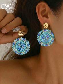 OOQ 一对手工波西米亚风串珠水晶球耳环，时尚百搭，适合日常、度假、派对、返校、音乐节、婚礼等场合，是送给朋友和爱人的绝佳礼物（手工串珠的颜色、数量和位置随机）。 - 藍色 - 查看 1
