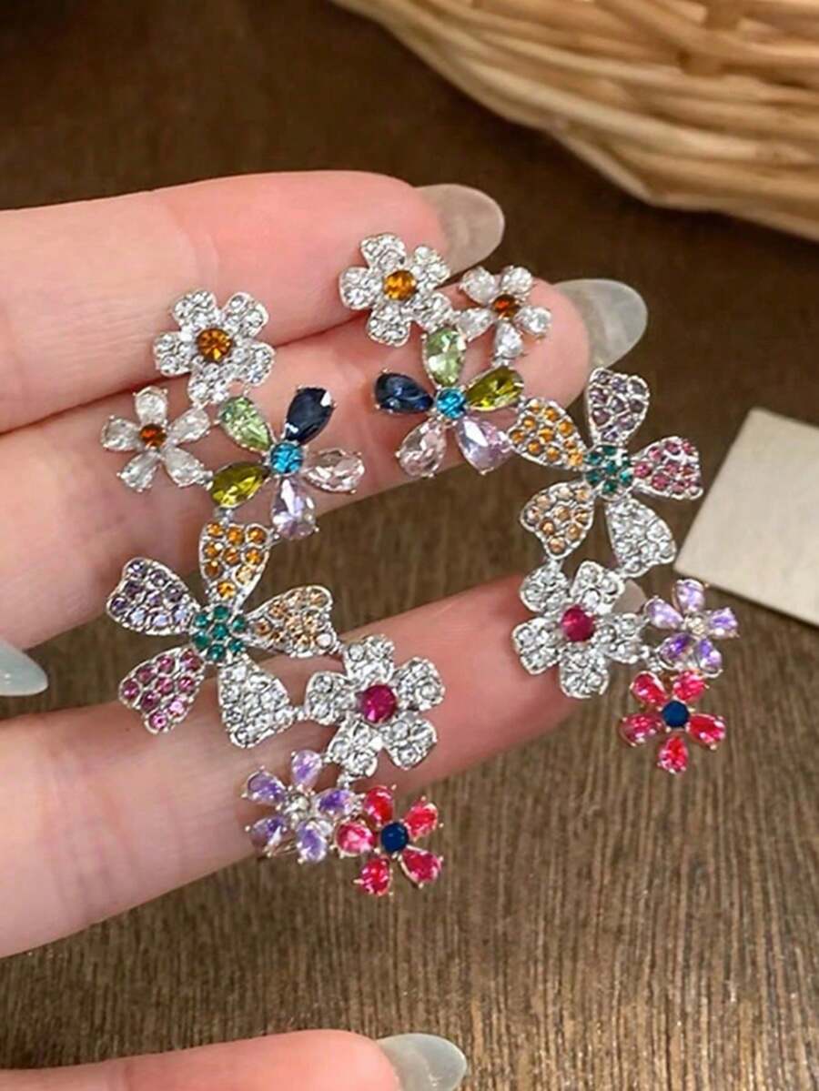 1對春夏多巴胺彩色花卉耳環,小眾設計,甜美風格,時尚百搭 - 銀色 - 查看 1