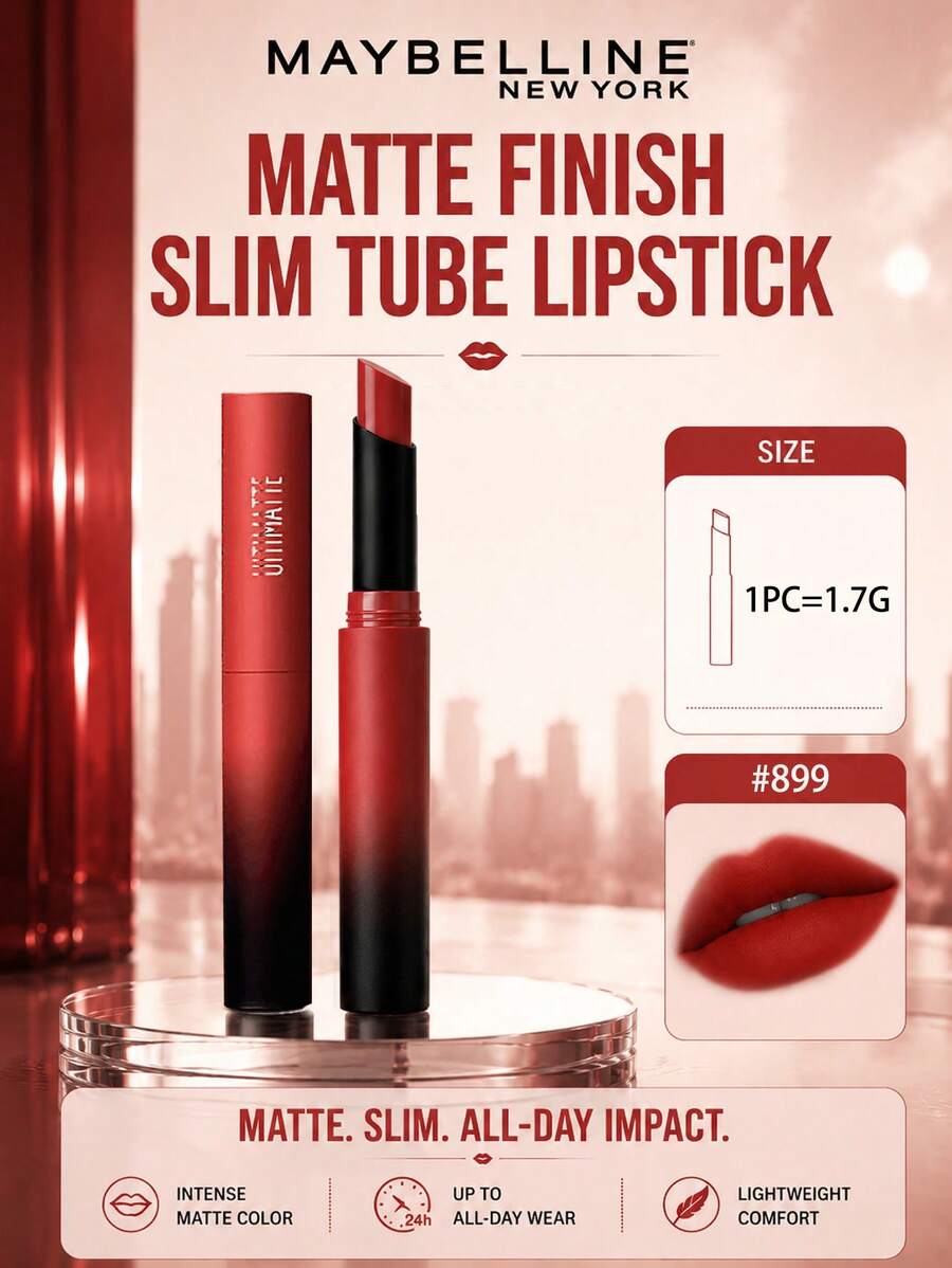 Maybelline Matte Slim Lipstick #899 1.7g, tekstur cokelat, hasil akhir matte, tidak membuat bibir kering, ringan dan lembut, membuat bibir tampak lebih penuh, sempurna untuk pemotretan sehari-hari.