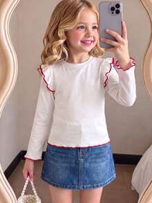Girls' Autumn/Winter Fashion Solid Color Contrast Frill Trim High Neck Long Sleeve T-Shirt - White - View 3