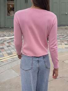 Sweater Pullover Rajut Lengan Panjang Leher Bulat Warna Pink untuk Wanita, Potongan Reguler - Berwarna merah muda - View 6