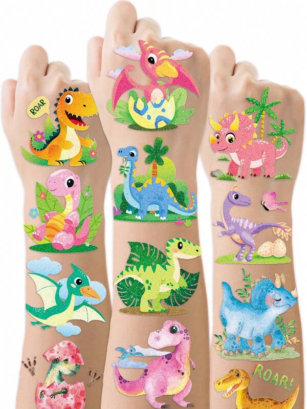 STARTTOOS 24pcs Glitter Cartoon Cute Dinosaur Temporary Tattoo Stickers, Waterproof Realistic Tattoo Decals For Kids DIY Birthday Party Christmas Gift Holiday Events