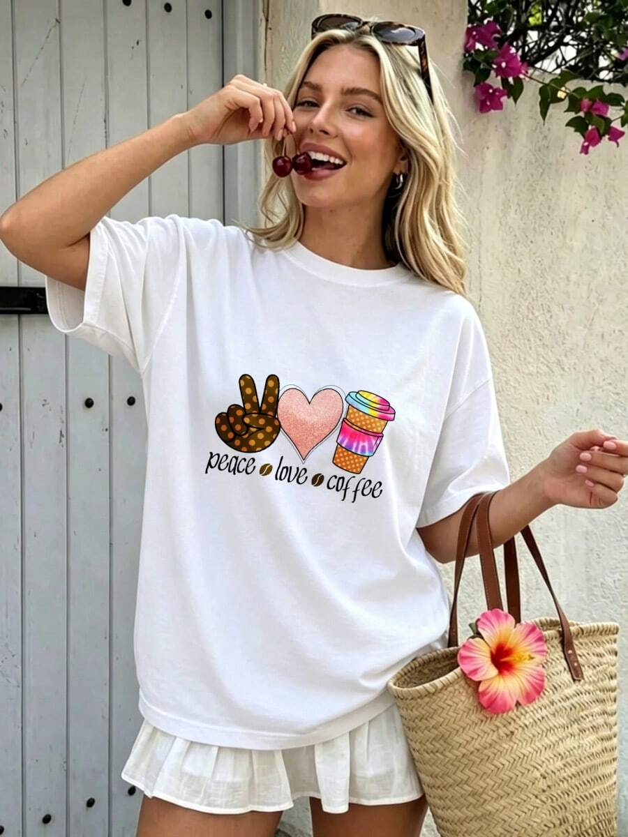 Casual Summer Style, Women's T-Shirt, Peace Love Coffee Graphic Print, Beach Vacation, Everyday Wear, Gift For Girlfriend, Best Friend