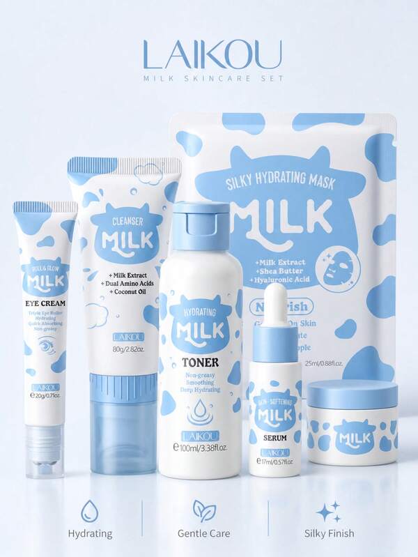 1 Set de cuidado de la piel LAIKOU Smoothing (Crema de ojos 20g y Limpiador 80g y Tónico 100ml y Suero 17ml y Crema 25g y Mascarilla facial 25g), Kit de cuidado facial hidratante y luminoso para el cuidado personal, regalo de spa para mujeres y niñas