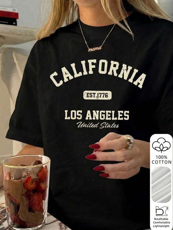 2026 Nuevo verano Camiseta de manga corta holgada de algodón con estampado de letras de Los Ángeles para mujer, top casual versátil blanco