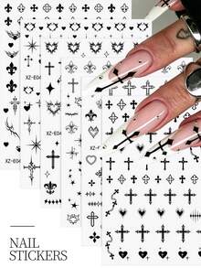 6 Sheets Y2K Gothic Cross Nail Art Decals, Black Punk 3D Cross Moon Star Nail Stickers, Self-Adhesive Metallic Cross & Starlight DIY Manicure Supplies For Women - Black - View 2