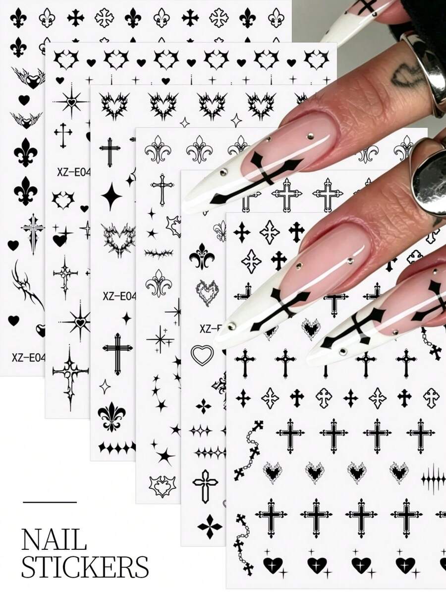 6 Sheets Y2K Gothic Cross Nail Art Decals, Black Punk 3D Cross Moon Star Nail Stickers, Self-Adhesive Metallic Cross & Starlight DIY Manicure Supplies For Women
