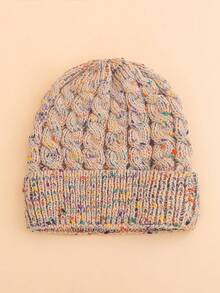 1pc Kids Colorful Splatter Print Cable Knit Beanie, Thick Warm Folded Cuff Cold Weather Hat, Casual Winter Cap For Children's Autumn/Winter School And Outdoor Outfits - Khaki - View 4