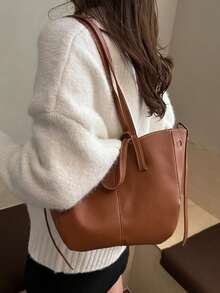 1 buah Tas Tote Gaya Modern Minimalis Elegan Serbaguna Kasual Sehari-hari, Cocok untuk Komuter, Belanja, dan Penggunaan Sehari-hari, Terbuat dari PU Warna Solid, Kapasitas Besar, Cocok untuk Penggunaan Sehari-hari, Cocok untuk Belanja Komuter, Cocok untuk Penggunaan Sehari-hari. - Coklat - View 4