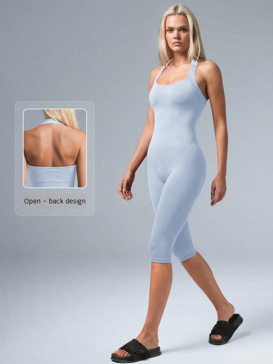 NcmRyu Women's 1pc Solid Color Seamless Halter Backless Sports Bodysuit - Baby Blue - View 1