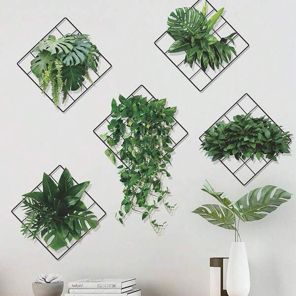 3D Tropical Green Plant Wall Stickers, Removable Vinyl Metal Grid Hanging Monstera Leaf Wall Decals, Boho Jungle Fake Vine Leaves Wall Murals, Self Adhesive Wall Art Decor For Living Room Bedroom Office Apartment