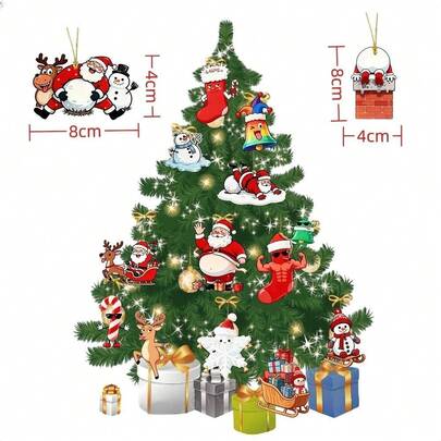 16 pièces Ornements suspendus plats imprimés en acrylique thème de Noël, Père Noël, Bonhomme de neige, Renne, Canne de bonbon, Bas de Noël, Flocon de neige, Décorations de pendentif, Décoration d'arbre de Noël, Cadeau de décoration d'ambiance pour fête de vacances à la maison