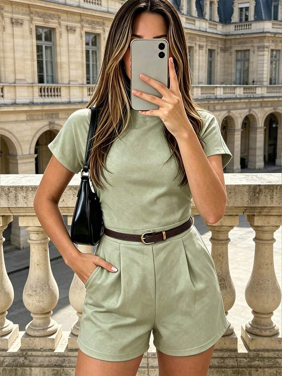 Women's Campus Style Jumpsuit, Demela Color, Short Sleeve, Ruched Waist Design With Waist Ring, One-Piece Knit Design, With Pockets And Leather Belt