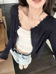 Spring/Autumn New Lace Patchwork Ruffle Soft Knit Cardigan Lightweight Sun Protection Jacket Top For Women - Navy Blue - View 4