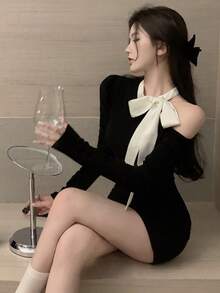 Autumn New Sexy Bodycon Long Sleeve Little Black Dress Fitted Bow Short Dress - Black - View 2