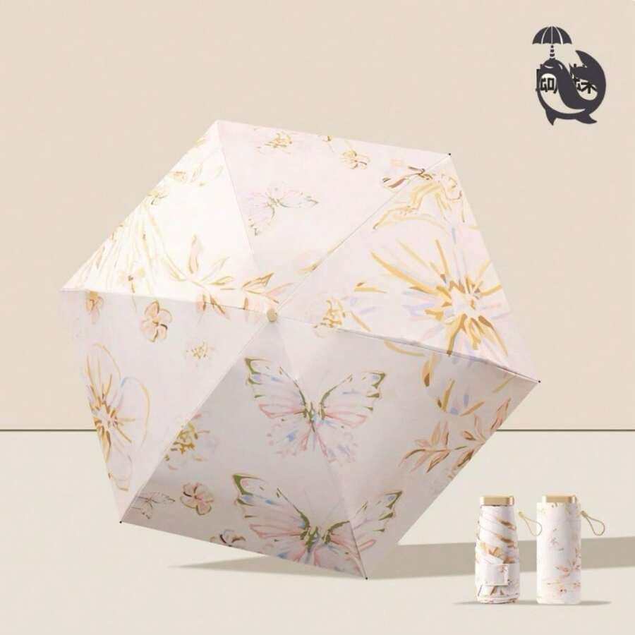 Mini guarda-chuva portátil de cápsula de pintura digital proteção UV sol e chuva de dupla utilização - borboleta - Visão 1