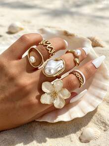 6PCS INS Style Oil Drop Flower Baroque Irregular Faux Pearl Rings, Heart Embrace Rings, Double Layer Chain Rings Set For Women - Gold - View 2