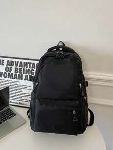 LECEY Multi-Zipper Pocket Nylon Laptop Backpack With Triangle Metal Zipper Pulls, Mesh Handle And Side Adjustment Buckle, Student School Bag - Black - View 4