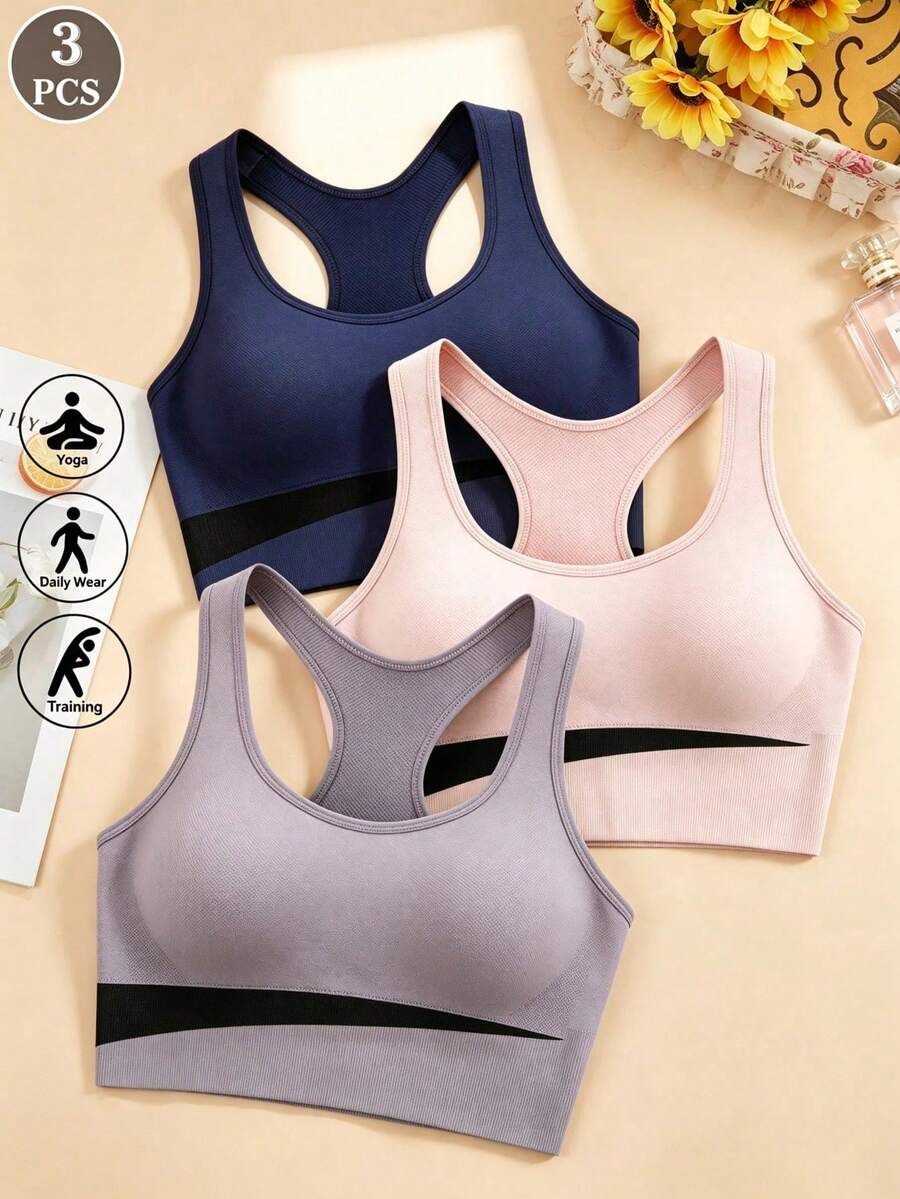 3件組交叉背部運動內衣,女款無縫瑜珈內衣,高彈性透氣健身內衣,適合運動與健身穿著 - 彩色 - 查看 1
