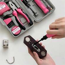Juego de herramientas multifuncionales rosa, kit de pinzas de hardware para el hogar, juego completo de caja de herramientas para mantenimiento y reparación del hogar - Juego de 13 piezas - Ver 8